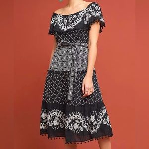 ANTHROPOLOGIE Marisol Off-The-Shoulder Midi Embroidered Dress